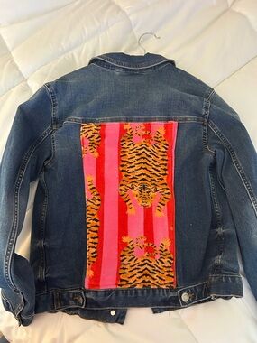 Time and Tru Blue Denim Jacket with Pink & Orange Tiger Back Panel
